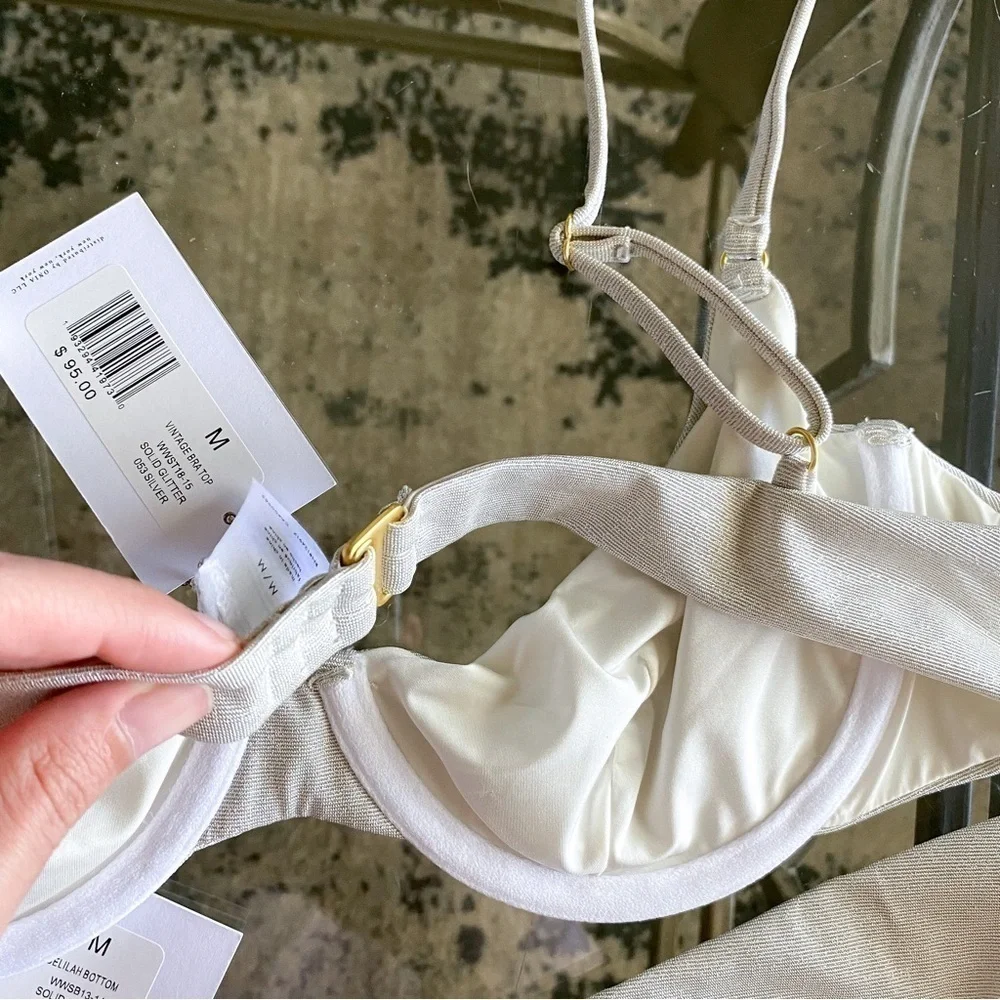 WeWoreWhat Bikini Vintage Bra Delilah Shimmer Sparkly Solid Glitter Silver M NWT